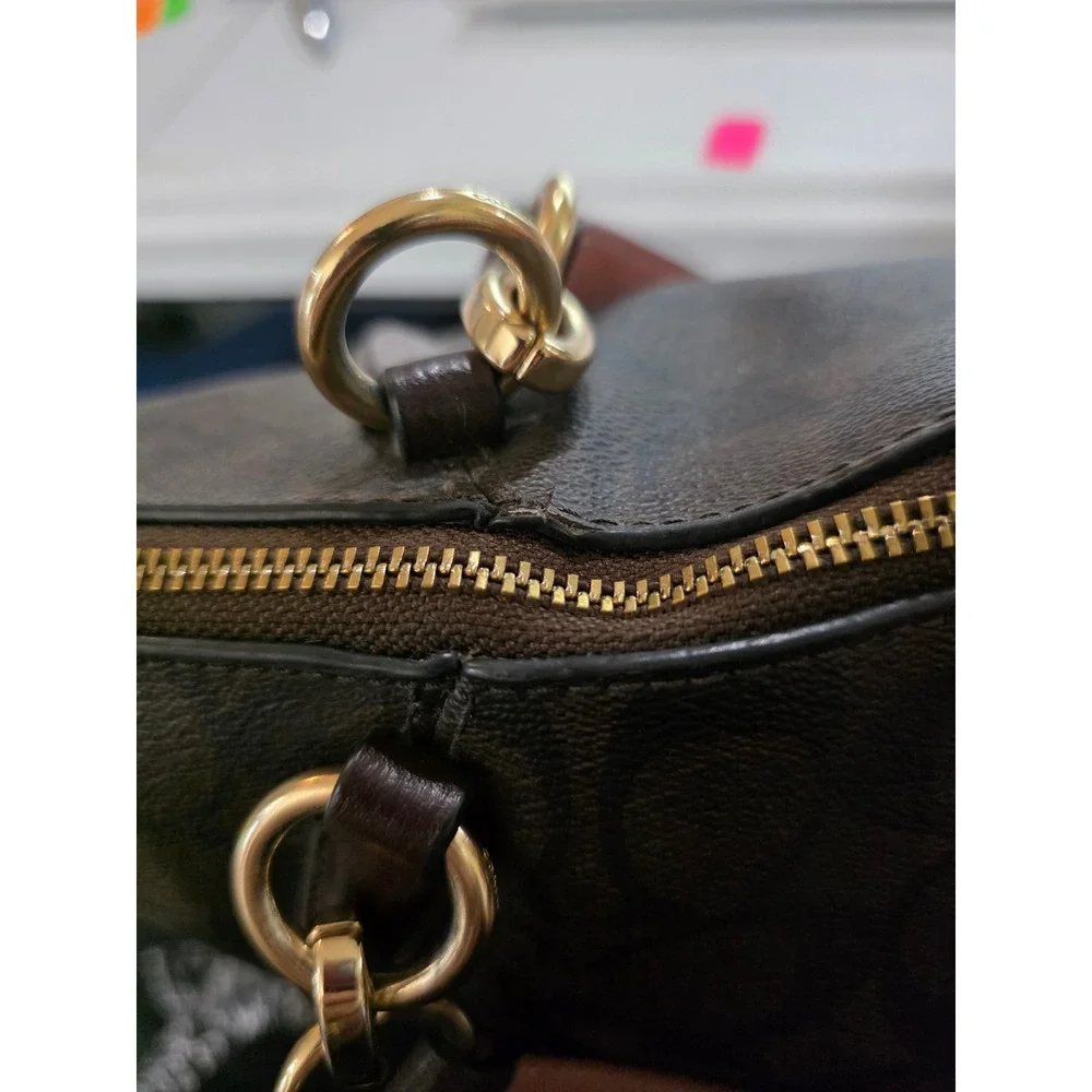 Coach Kelsey Satchel Mahogany Brown Signature Canvas Leather Handbag with COA